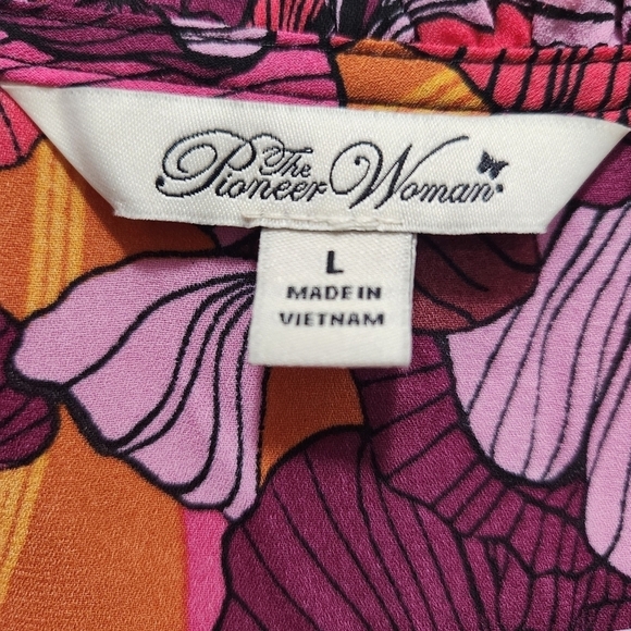 The Pioneer Woman Red Pink & Orange Floral Flared Sleeve Boho Blouse Sz L Large - Picture 2 of 5
